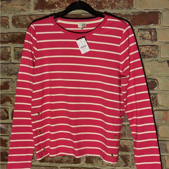 J. Crew Tops - NWT J.Crew Pink Striped Long Sleeve Top Gold Button Nautical Size M